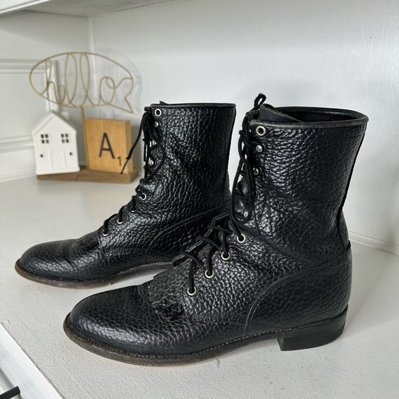 Vintage Justin Roper Boot Men 9 Slim Black Pebbled Leather Lace-Up Kiltie Cowboy - Picture 1 of 8